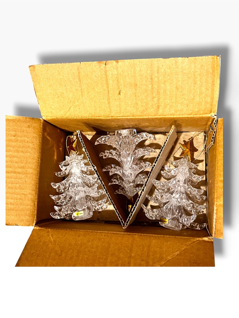 Vintage Lot of 3 Acrylic 5” Mini Christmas Tree Ornament Clear Gold Star NOS E-5